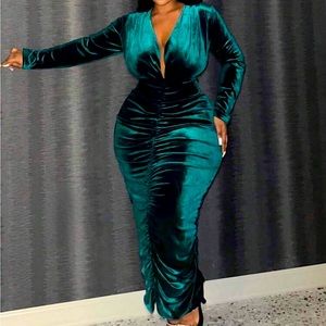 Slayer Plus Size Elegant Solid Tight Velvet Deep V-Neck Pleated Maxi Dress